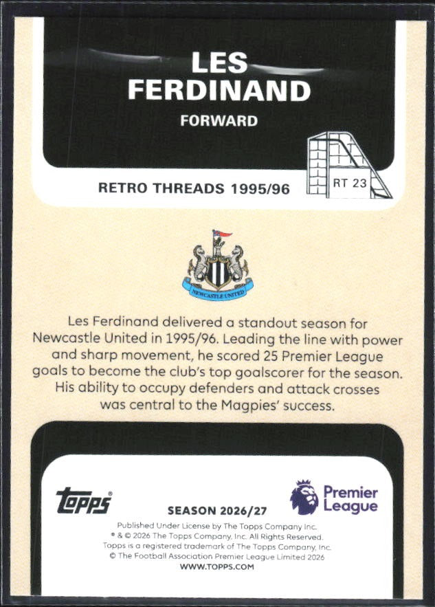2026-27 Topps Premier League Les Ferdinand Retro Threads #RT23 – baksida