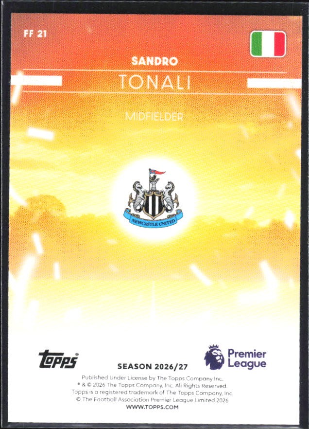 2026-27 Topps Premier League Sandro Tonali Fan Favourites #FF21 – baksida