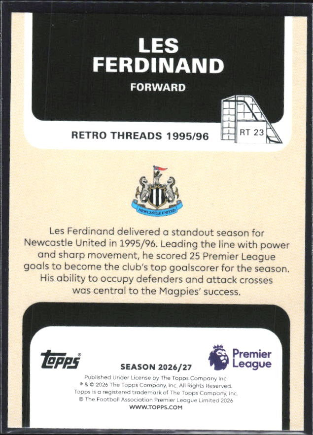 2026-27 Topps Premier League Les Ferdinand Retro Threads #RT23 – baksida