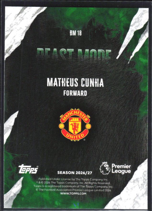 2026-27 Topps Premier League Matheus Cunha Beast Mode #BM18 – baksida