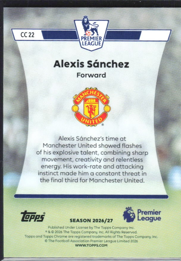 2026-27 Topps Premier League Alexis Sánchez Chrome Classics #CC22 – baksida