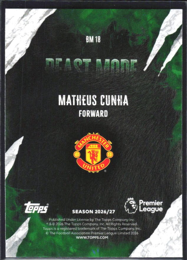 2026-27 Topps Premier League Matheus Cunha Beast Mode #BM18 – baksida