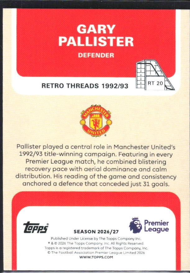 2026-27 Topps Premier League Gary Pallister Retro Threads #RT20 – baksida
