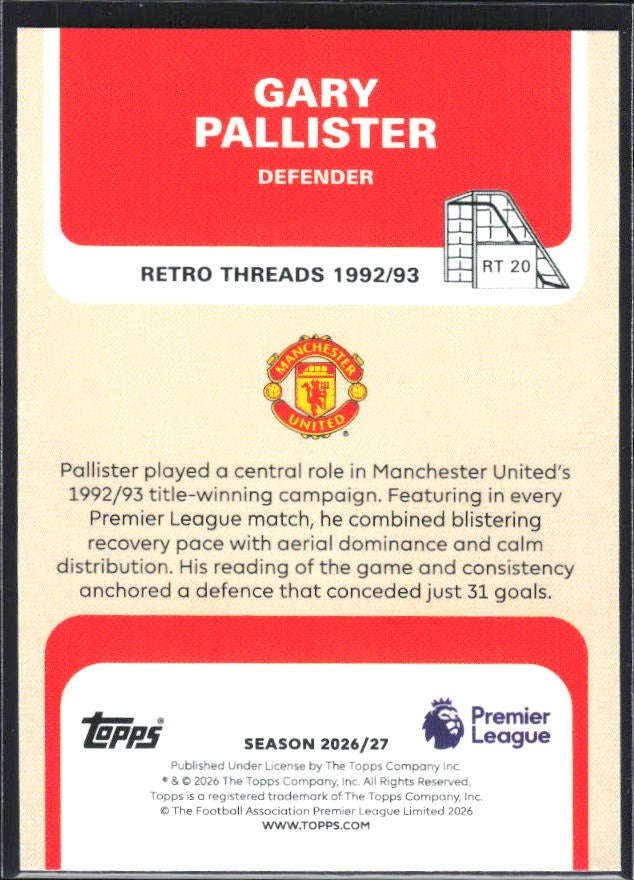 2026-27 Topps Premier League Gary Pallister Retro Threads #RT20 – baksida
