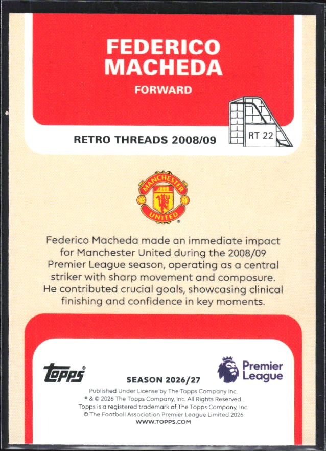 2026-27 Topps Premier League Federico Macheda Retro Threads #RT22 – baksida