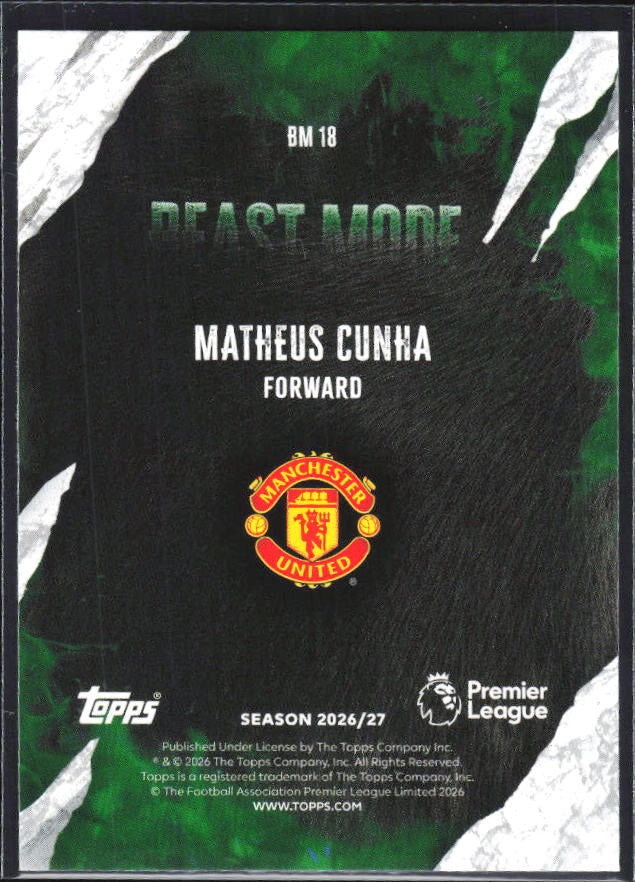 2026-27 Topps Premier League Matheus Cunha Beast Mode #BM18 – baksida