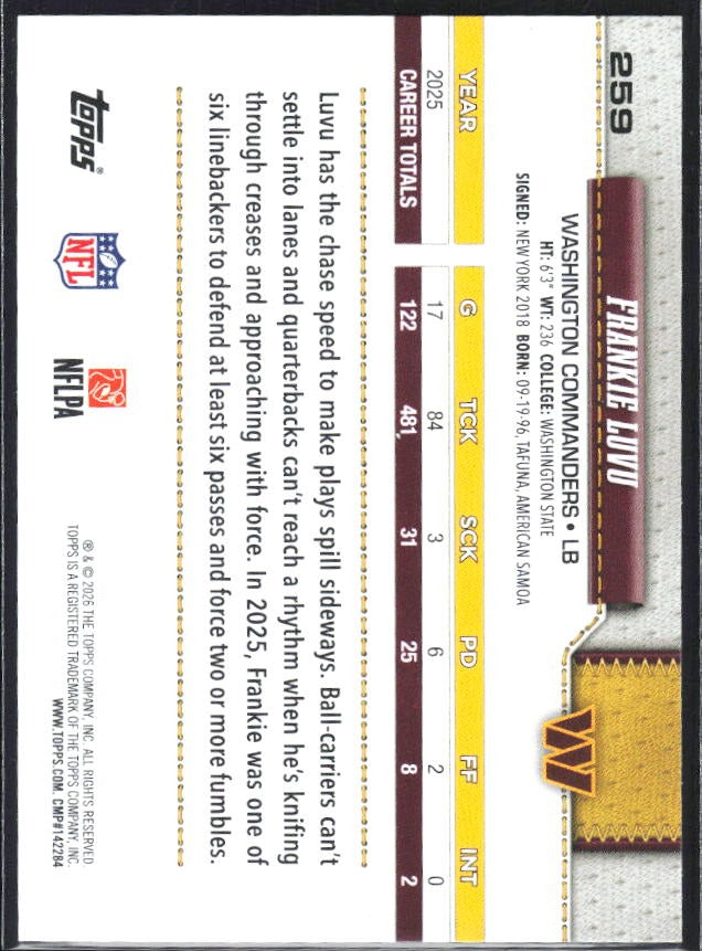2026 Topps Flagship Football Frankie Luvu #259 – baksida