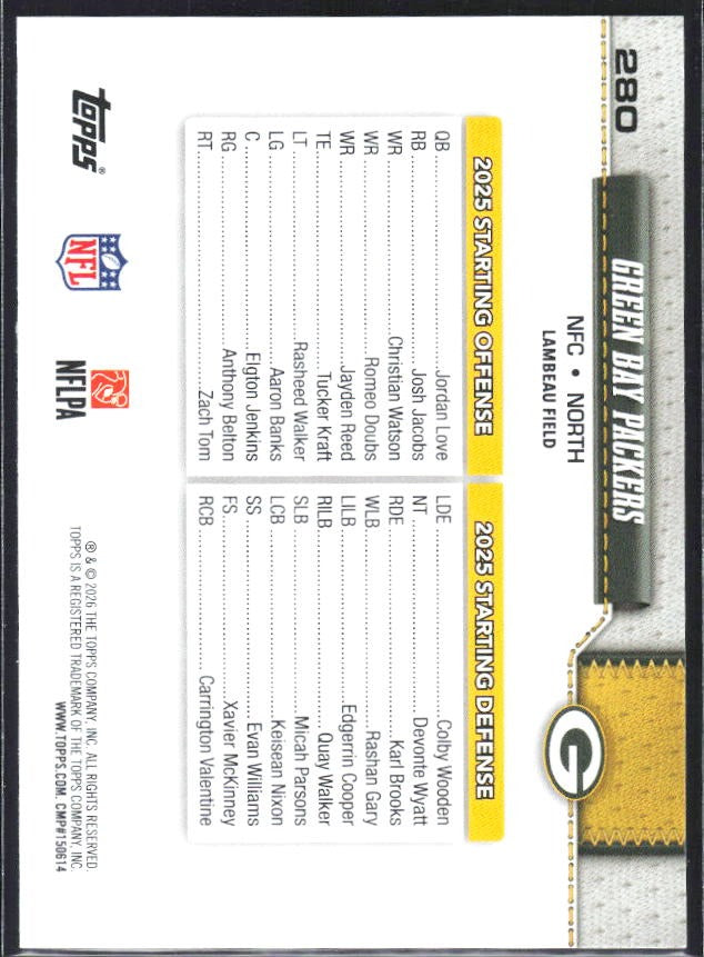 2026 Topps Flagship Football Green Bay Packers #280 – baksida