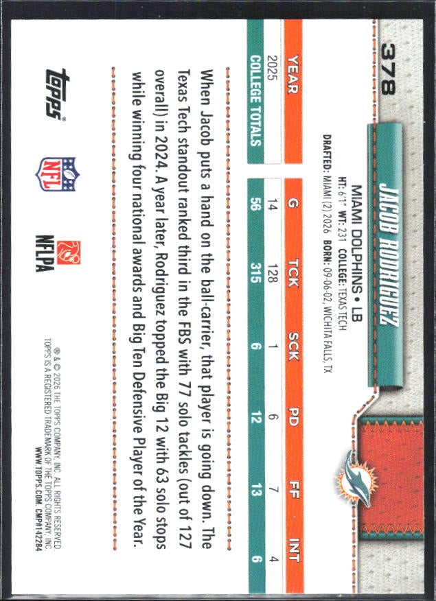 2026 Topps Flagship Football Jacob Rodriguez RC #378 – baksida