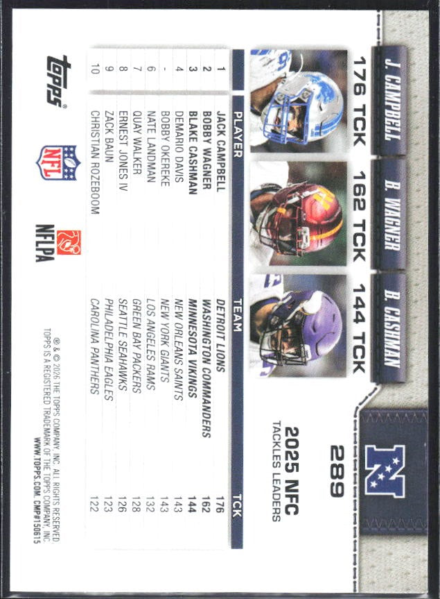 2026 Topps Flagship Football NFC Tackle Leaders (Bobby Wagner / Blake Cashman / Jack Campbell) #289 – baksida