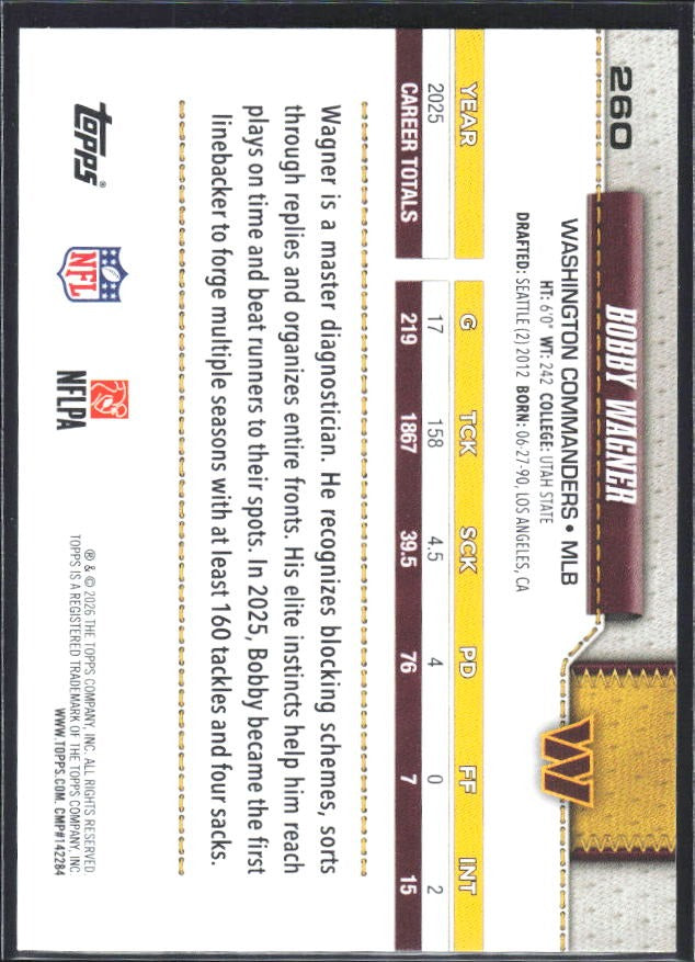 2026 Topps Flagship Football Bobby Wagner #260 – baksida