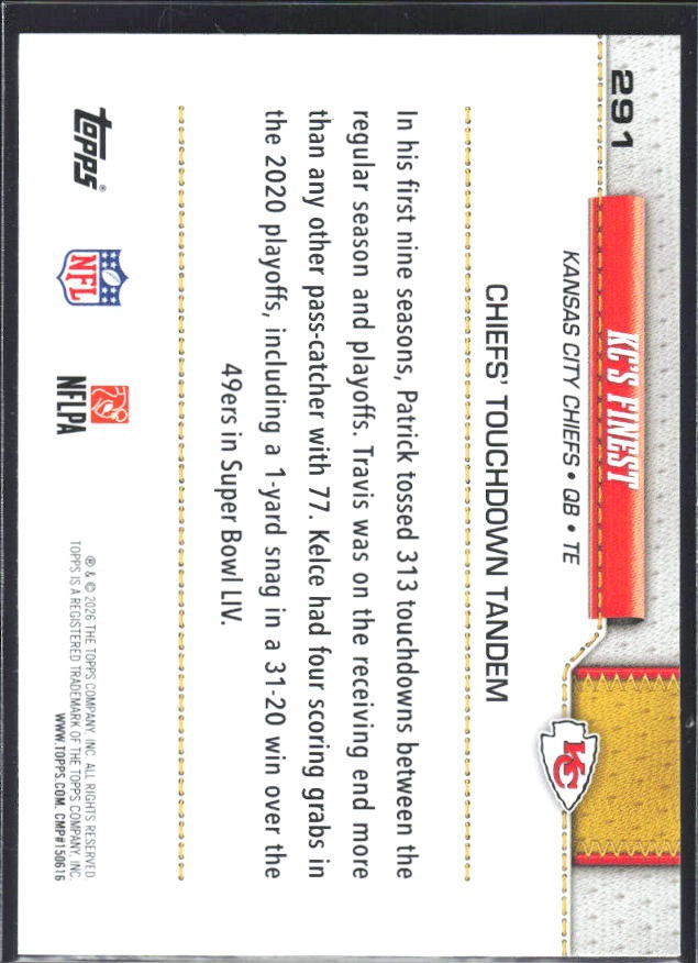 2026 Topps Flagship Football KC's Finest #291 – baksida