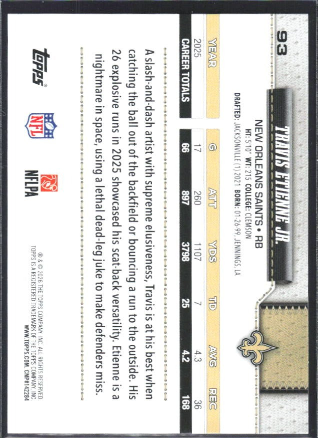 2026 Topps Flagship Football Travis Etienne Jr. #93 – baksida