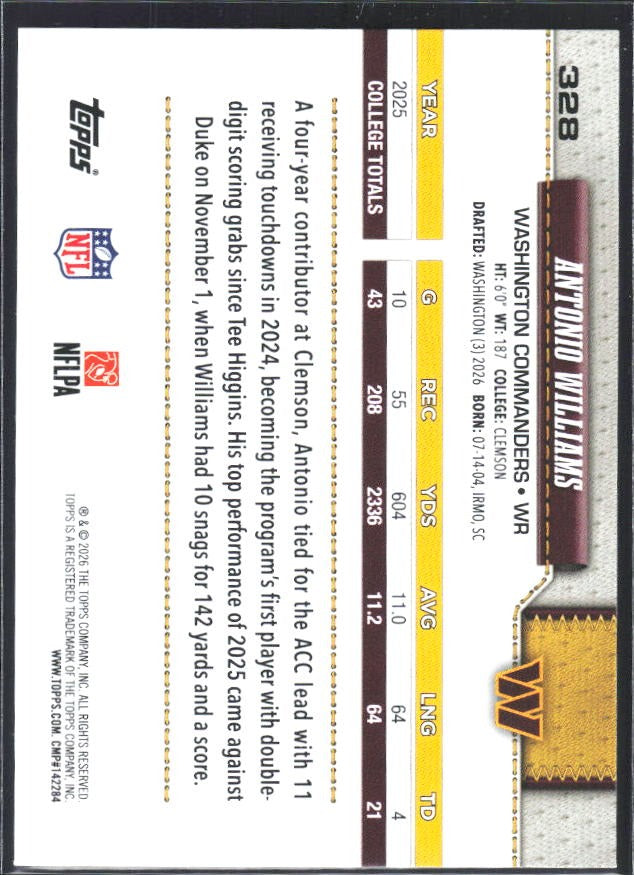 2026 Topps Flagship Football Antonio Williams RC #328 – baksida