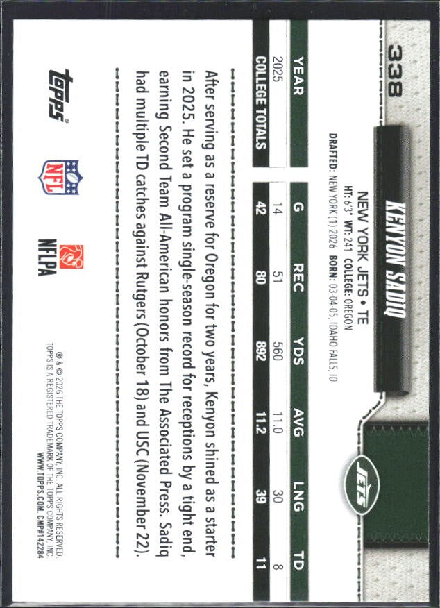 2026 Topps Flagship Football Kenyon Sadiq RC #338 – baksida