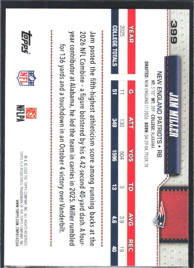 2026 Topps Flagship Football Jam Miller RC #399 – baksida