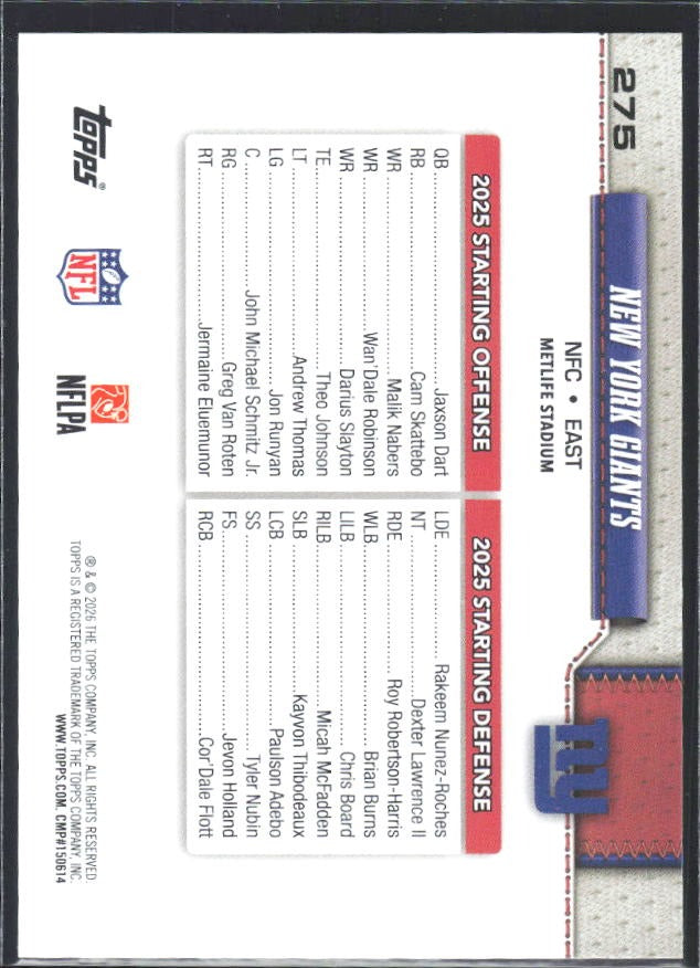 2026 Topps Flagship Football New York Giants #275 – baksida