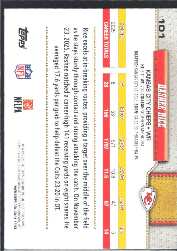 2026 Topps Flagship Football Rashee Rice #101 – baksida