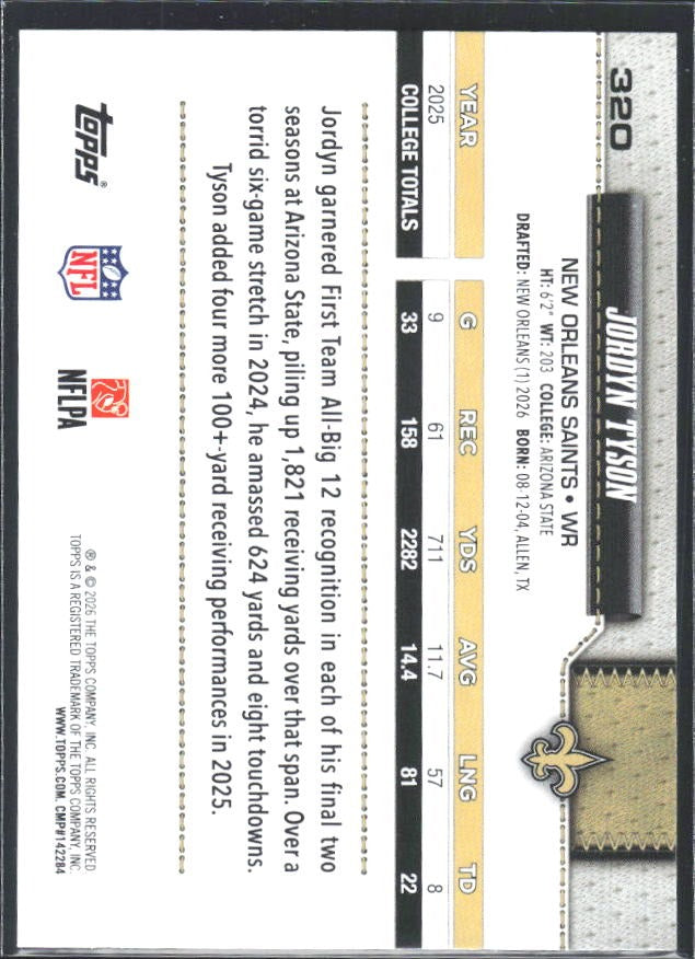 2026 Topps Flagship Football Jordyn Tyson RC #320 – baksida