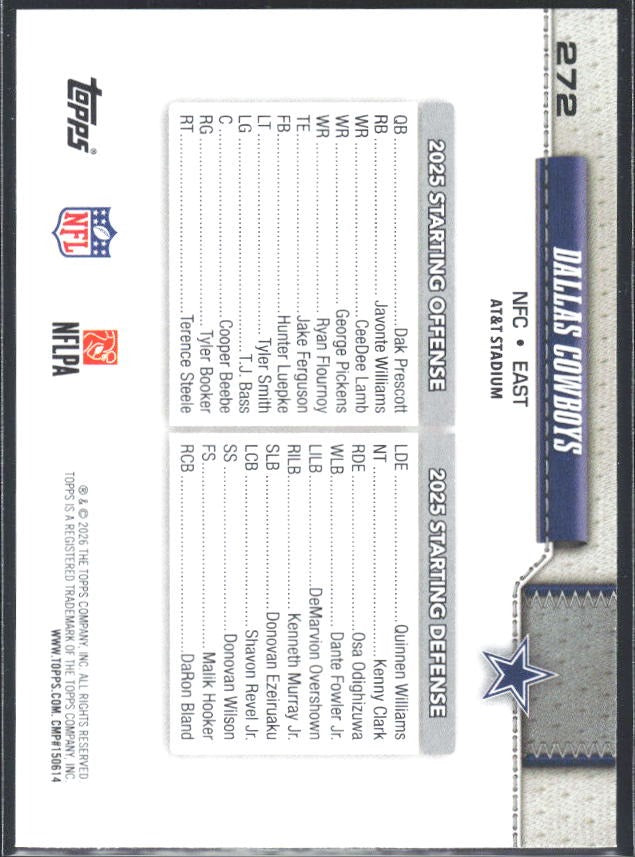 2026 Topps Flagship Football Dallas Cowboys #272 – baksida