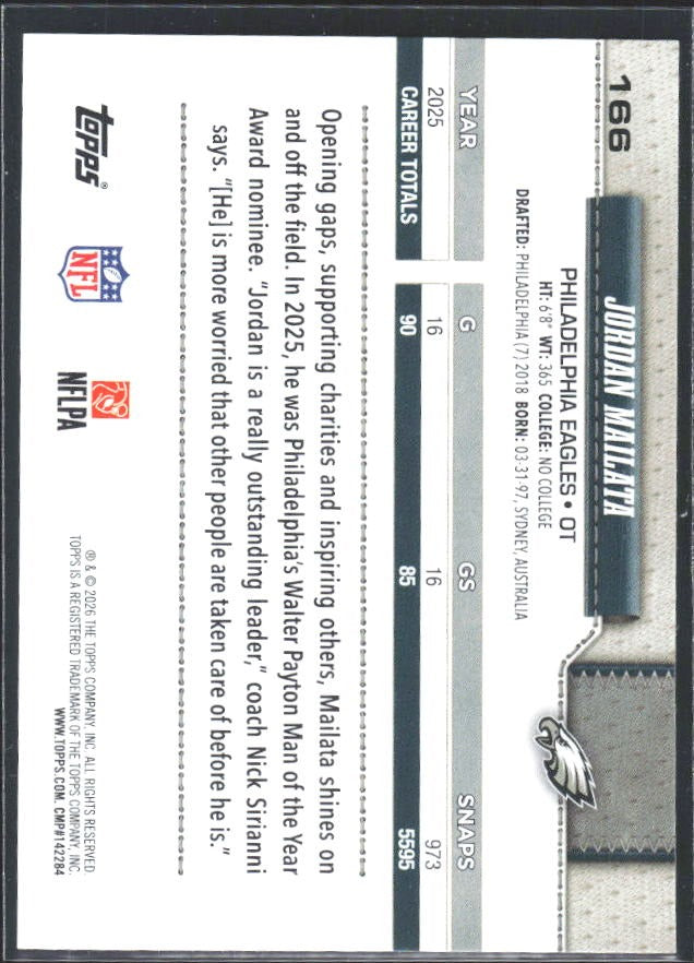 2026 Topps Flagship Football Jordan Mailata #166 – baksida