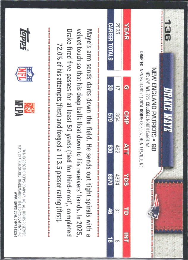 2026 Topps Flagship Football Drake Maye #136 – baksida