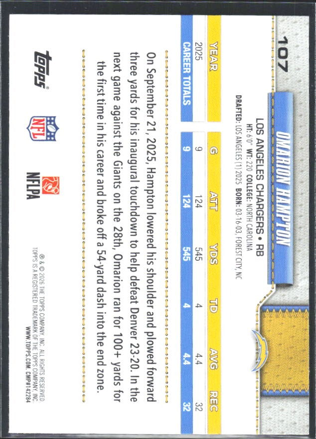 2026 Topps Flagship Football Omarion Hampton #107 – baksida