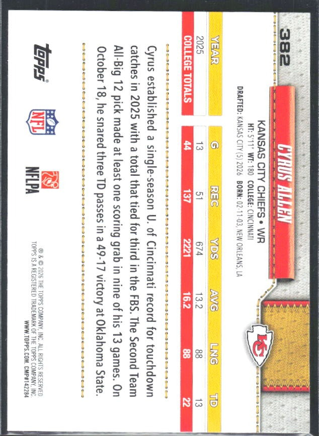 2026 Topps Flagship Football Cyrus Allen RC #382 – baksida