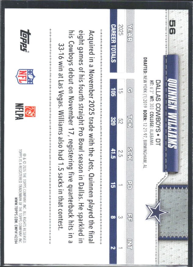 2026 Topps Flagship Football Quinnen Williams #56 – baksida