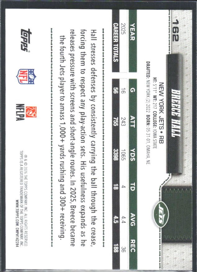 2026 Topps Flagship Football Breece Hall #162 – baksida