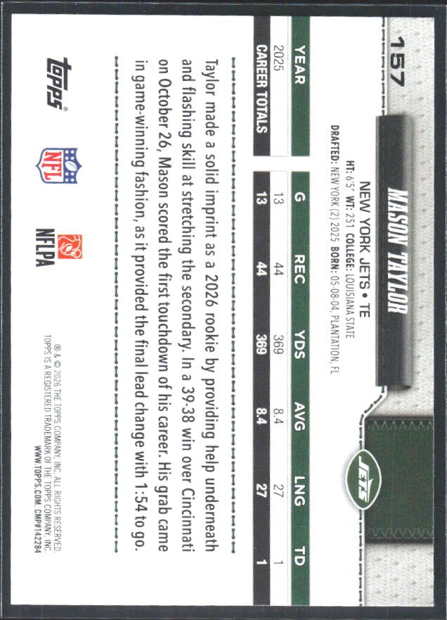 2026 Topps Flagship Football Mason Taylor #157 – baksida