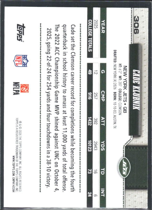 2026 Topps Flagship Football Cade Klubnik RC #306 – baksida