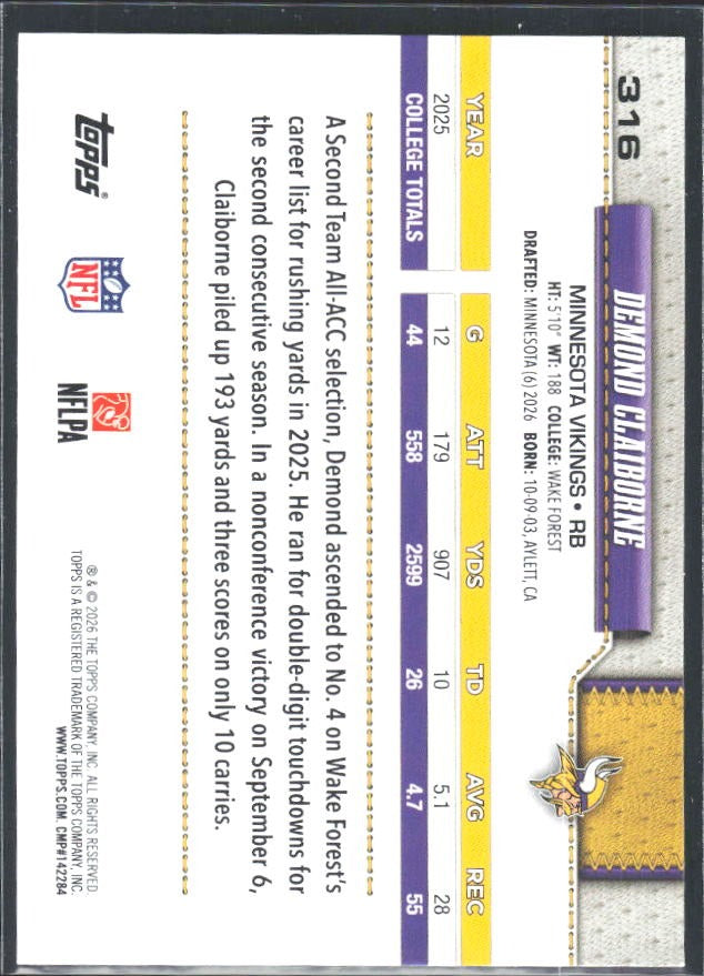 2026 Topps Flagship Football Demond Claiborne RC #316 – baksida