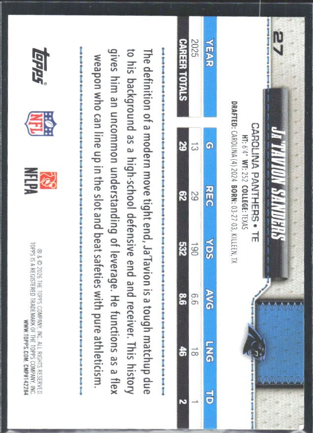 2026 Topps Flagship Football Ja’Tavion Sanders #27 – baksida