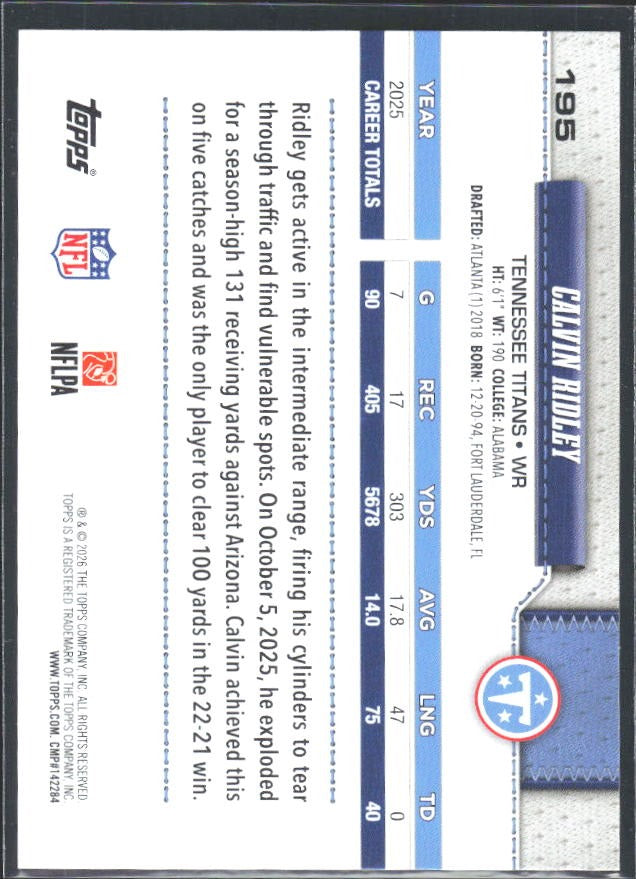 2026 Topps Flagship Football Calvin Ridley #195 – baksida