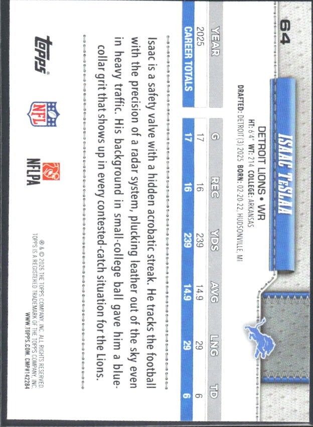 2026 Topps Flagship Football Isaac TeSlaa #64 – baksida