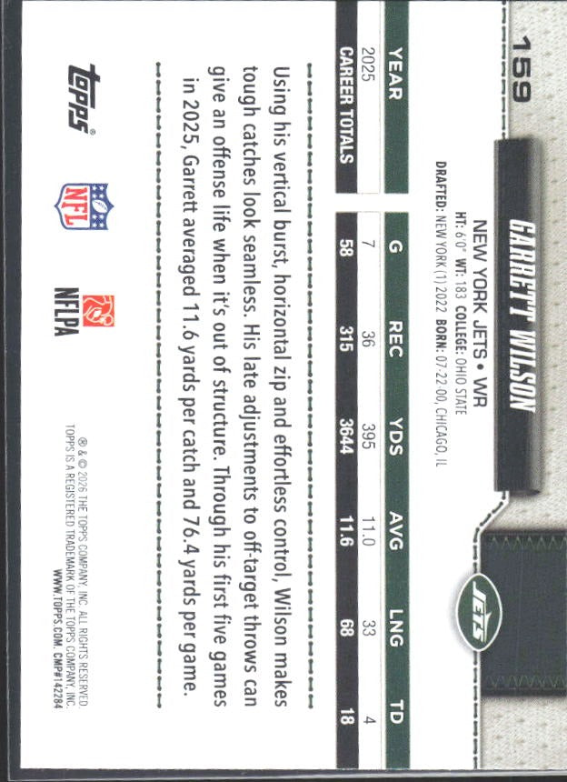 2026 Topps Flagship Football Garrett Wilson #159 – baksida