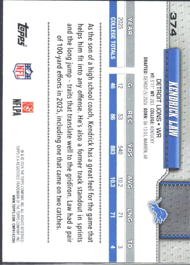 2026 Topps Flagship Football Kendrick Law RC #374 – baksida