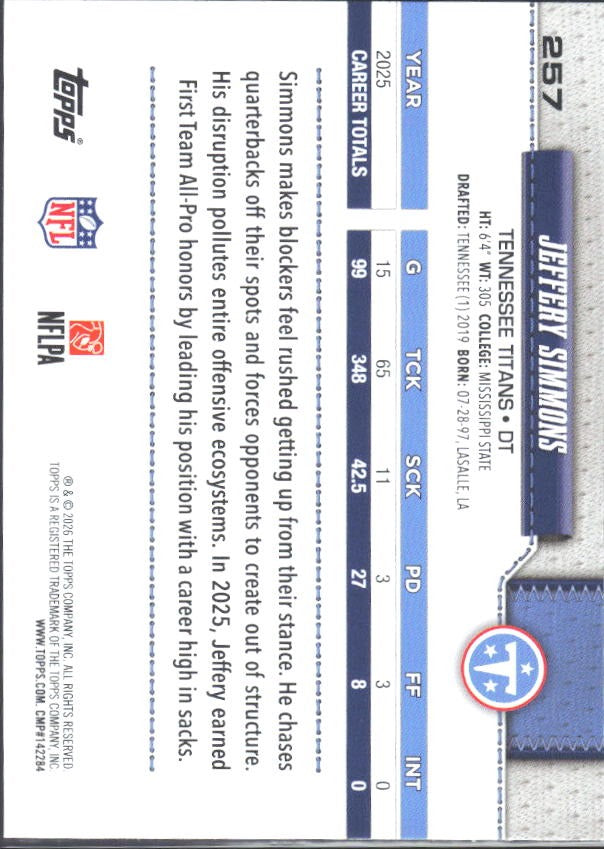 2026 Topps Flagship Football Jeffery Simmons #257 – baksida