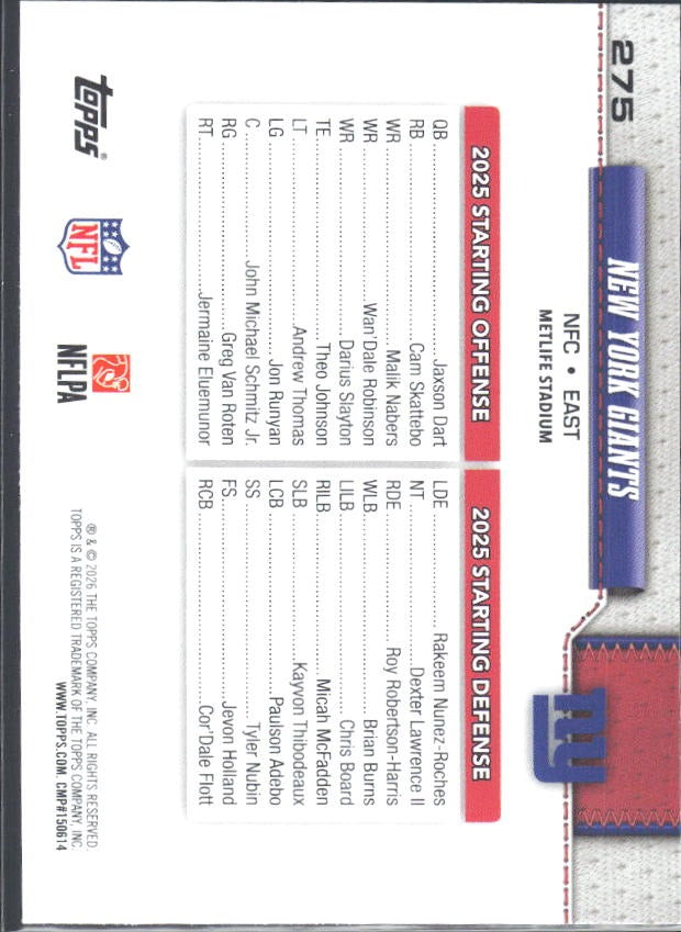 2026 Topps Flagship Football New York Giants #275 – baksida