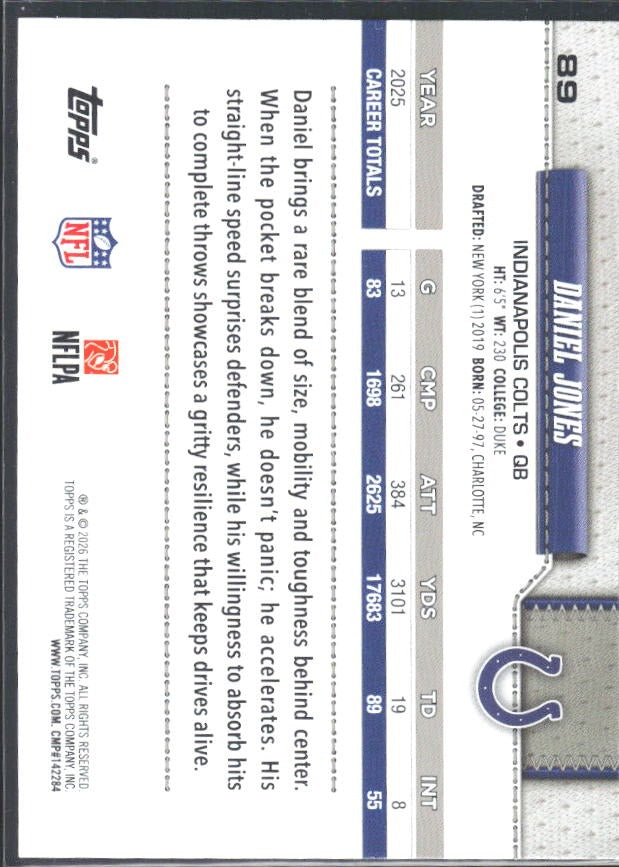 2026 Topps Flagship Football Daniel Jones #89 – baksida