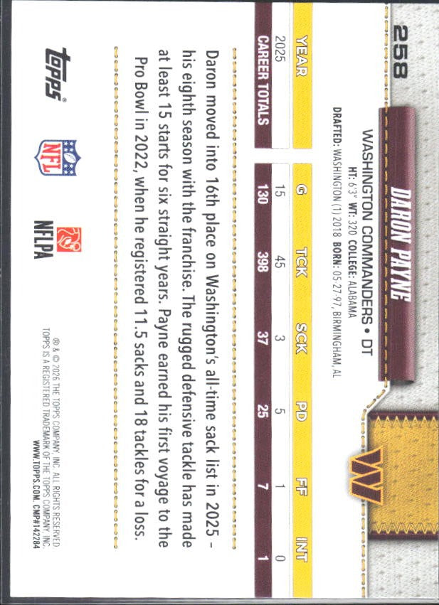2026 Topps Flagship Football Daron Payne #258 – baksida
