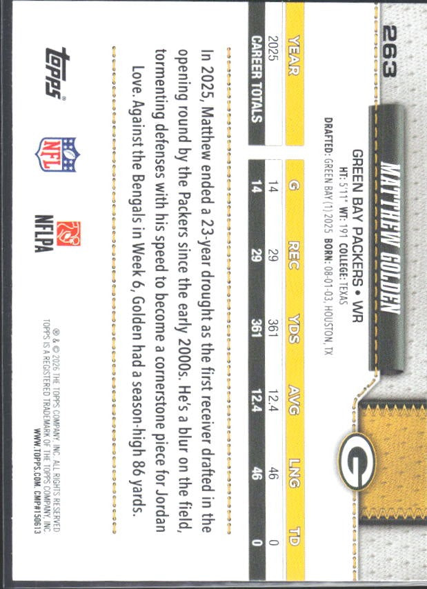 2026 Topps Flagship Football Matthew Golden Future Stars #263 – baksida