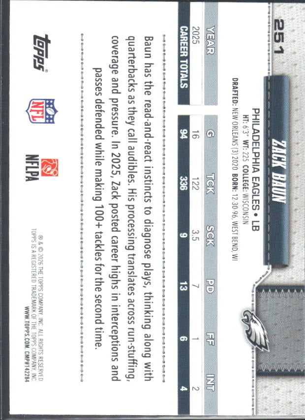 2026 Topps Flagship Football Zack Baun #251 – baksida