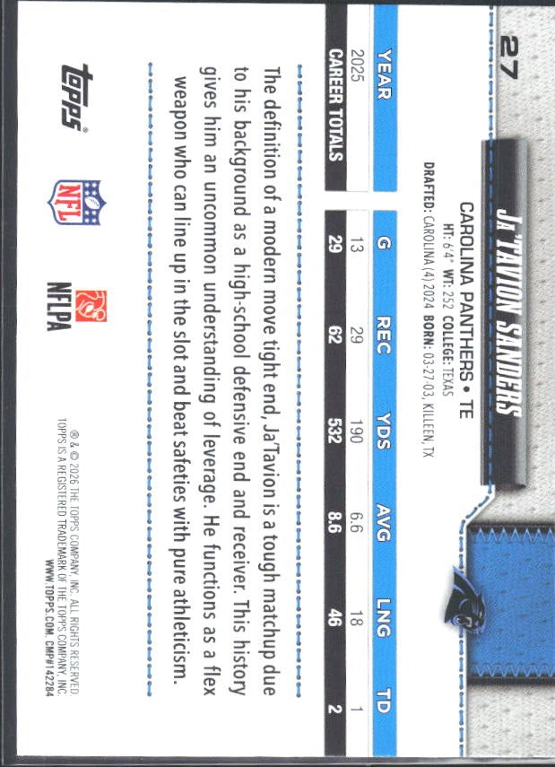 2026 Topps Flagship Football Ja’Tavion Sanders #27 – baksida