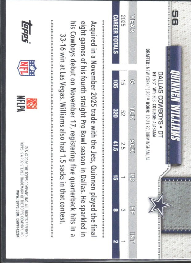 2026 Topps Flagship Football Quinnen Williams #56 – baksida