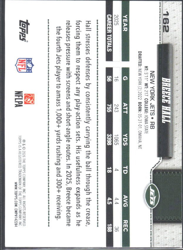 2026 Topps Flagship Football Breece Hall #162 – baksida
