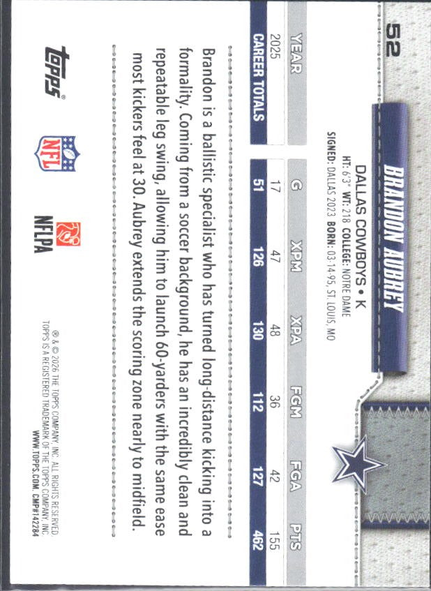 2026 Topps Flagship Football Brandon Aubrey #52 – baksida