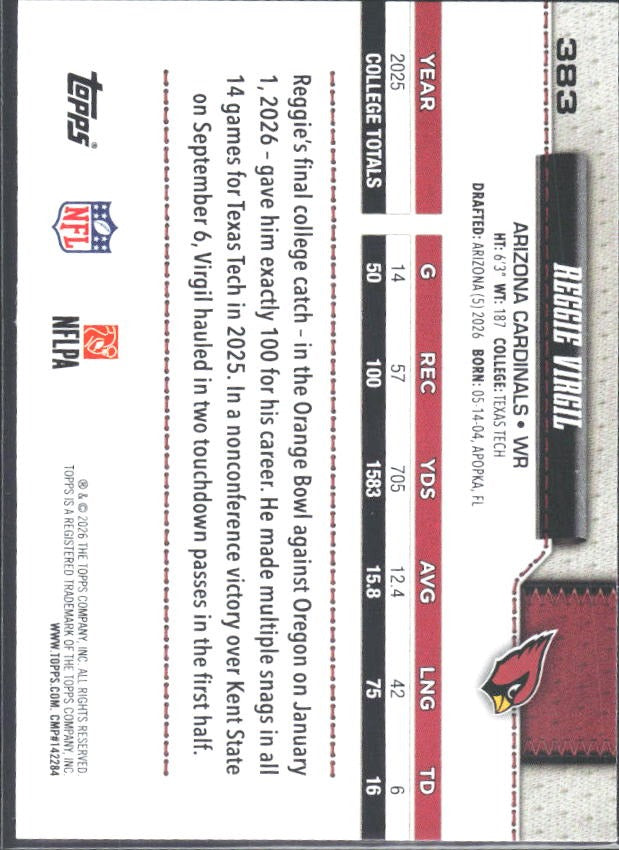 2026 Topps Flagship Football Reggie Virgil RC #383 – baksida