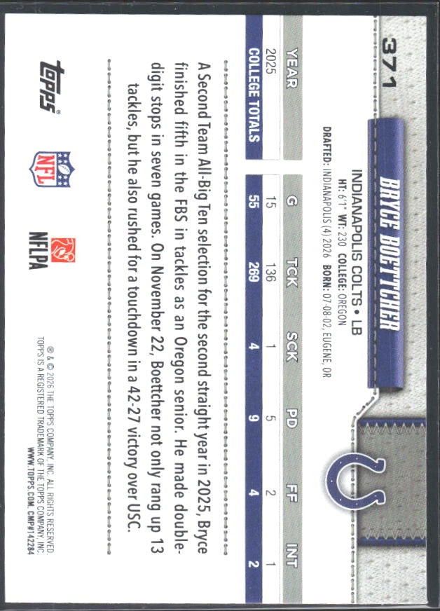 2026 Topps Flagship Football Bryce Boettcher RC #371 – baksida